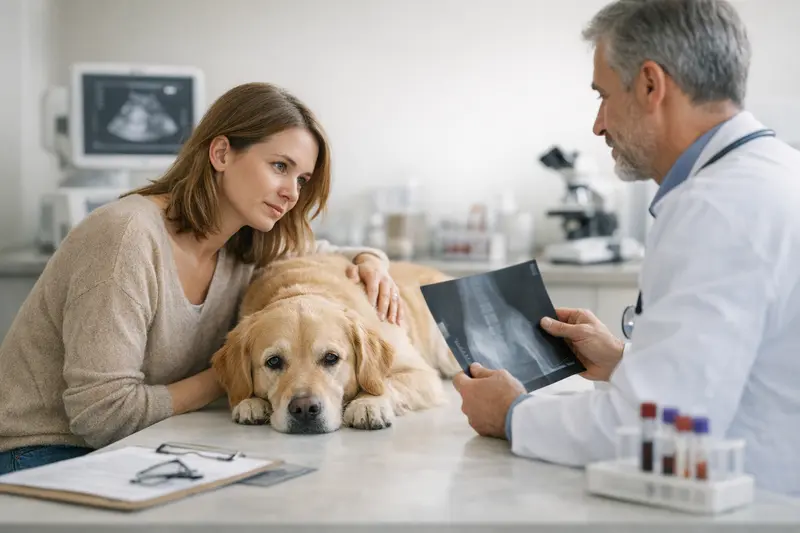 Diagnostik in der Hundekrankenversicherung Tierarzt bei einer diagnostischen Untersuchung eines Hundes.