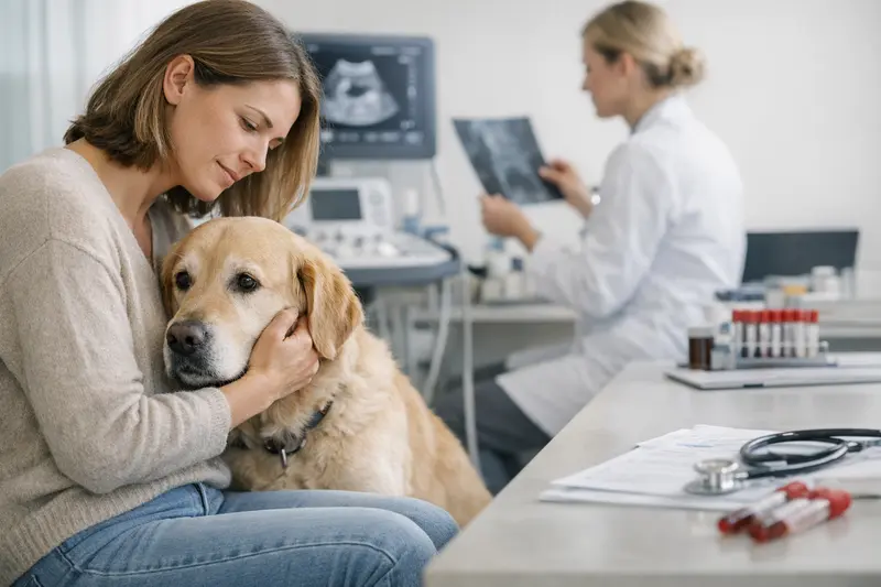 Tierarzt untersucht einen Hund auf Diagnosestellung und erklärt die Kosten für Labor und Bildgebung.