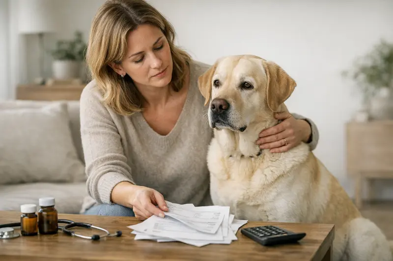 Tierarztkosten und Versicherungsmöglichkeiten für Hunde Hund in einer Tierarztpraxis, während eine Besprechung über Selbstbeteiligung und Jahreshöchstleistung der Hundekrankenversicherung stattfindet.