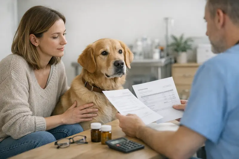 Ein Hund mit einem tierärztlichen Behandlungsvertrag auf dem Tisch neben einem imprägnierten Tarifvergleich.