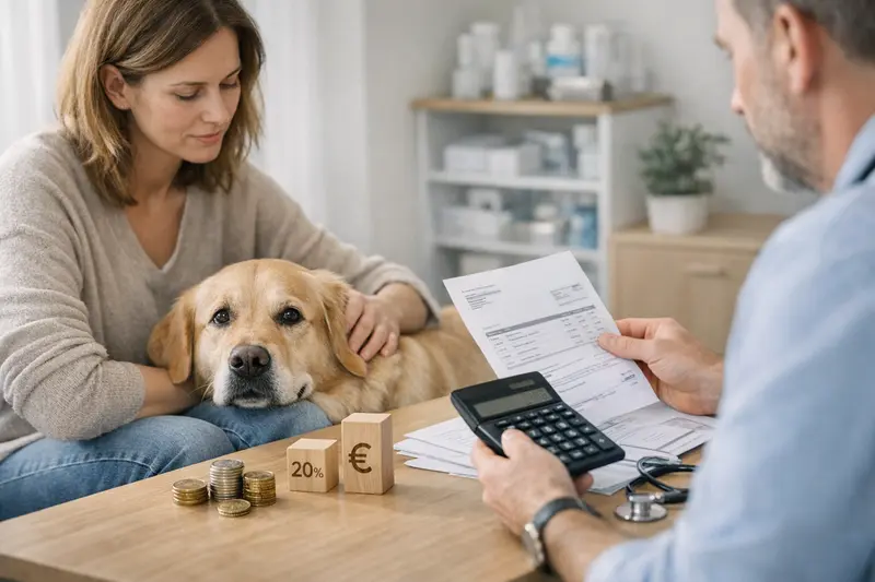 Ein Hund bei der Tierarztuntersuchung, der Besitzer zeigt auf das Behandlungsformular, während er die Selbstbeteiligung bespricht.