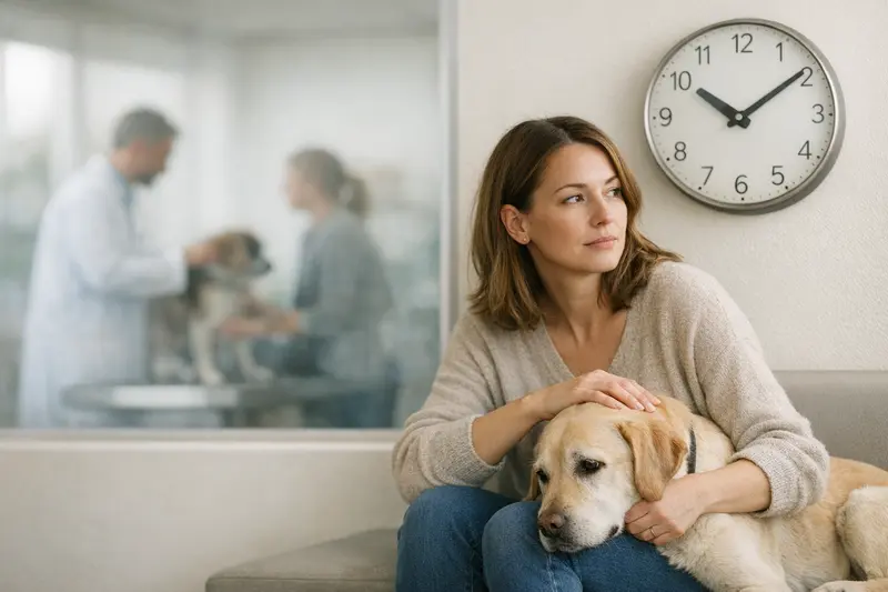 Wartezeiten bei der Hundekrankenversicherung Eine hundeliebende Person betrachtet einen Tierarztbesuch und die Bedeutung von Wartezeiten bei der Hundekrankenversicherung.