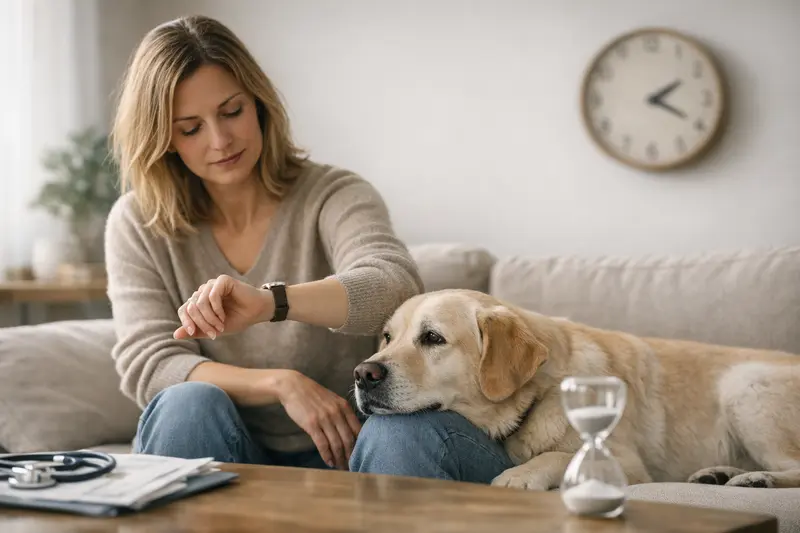 Ein Hund sitzt beim Tierarzt und erhält eine Untersuchung, während der Halter besorgt zuschaut.