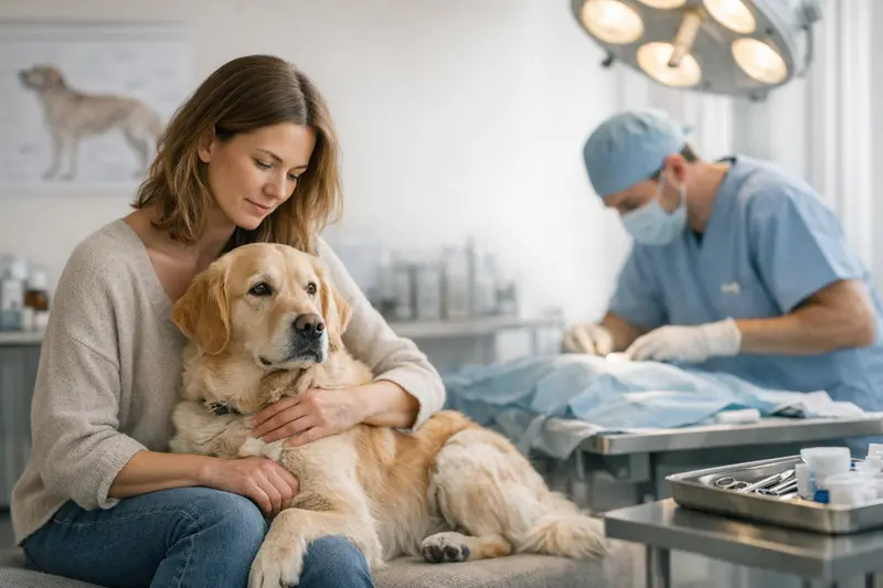 Ein Hund beim Tierarzt, der mit einer Ärzte im Gespräch über Gesundheitsabsicherung ist.