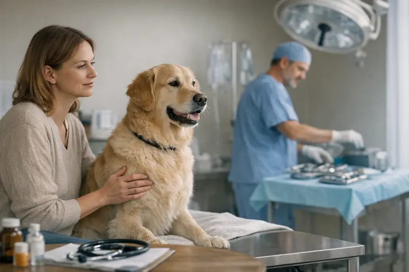 Ein Tierarzt untersucht einen Hund, während der Besitzer Fragen zur Hundekrankenversicherung stellt.
