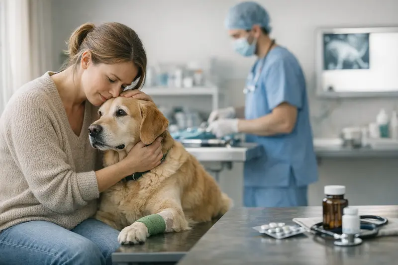 Hund mit seinem Halter beim Tierarzt zur Behandlung