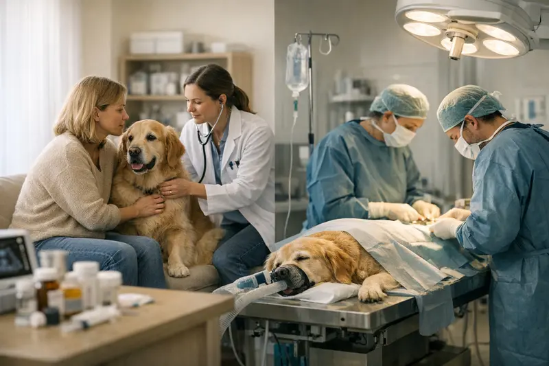 Eine glückliche Hundefamilie mit ihrem Tierarzt während einer Vorsorgeuntersuchung.