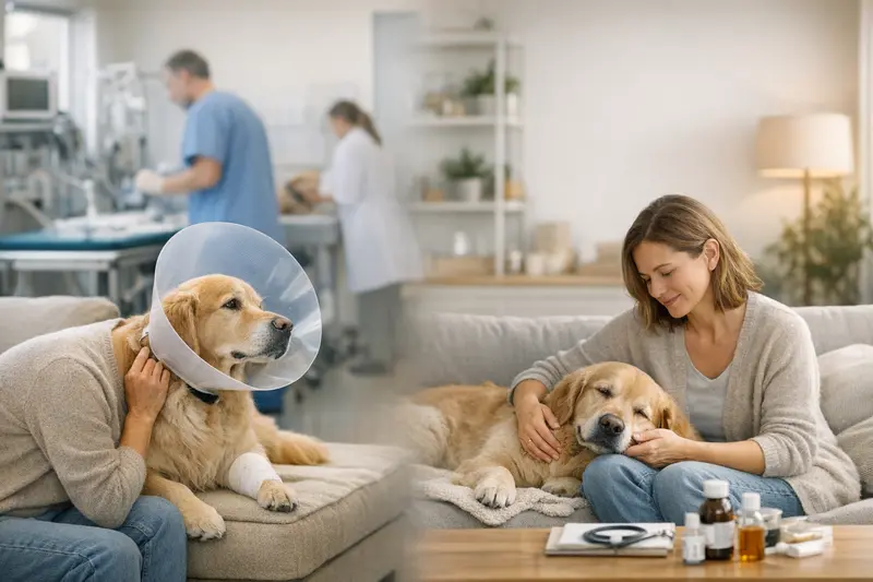 Ein Hund beim Tierarzt zur Untersuchung mit einer Zweiwege-Kommunikation zwischen Halter und Tierarzt über Versicherungsfragen.