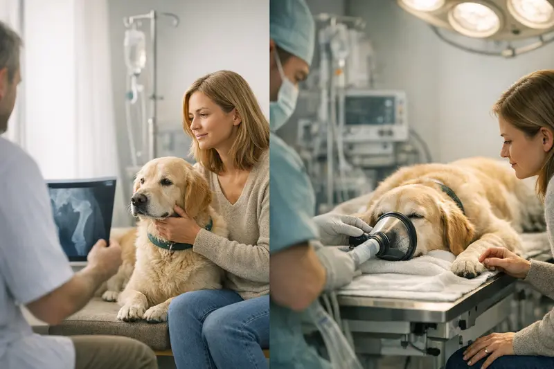 Ein Hundebesitzer informiert sich über die Unterschiede zwischen OP-Schutz und Hundekrankenversicherung.