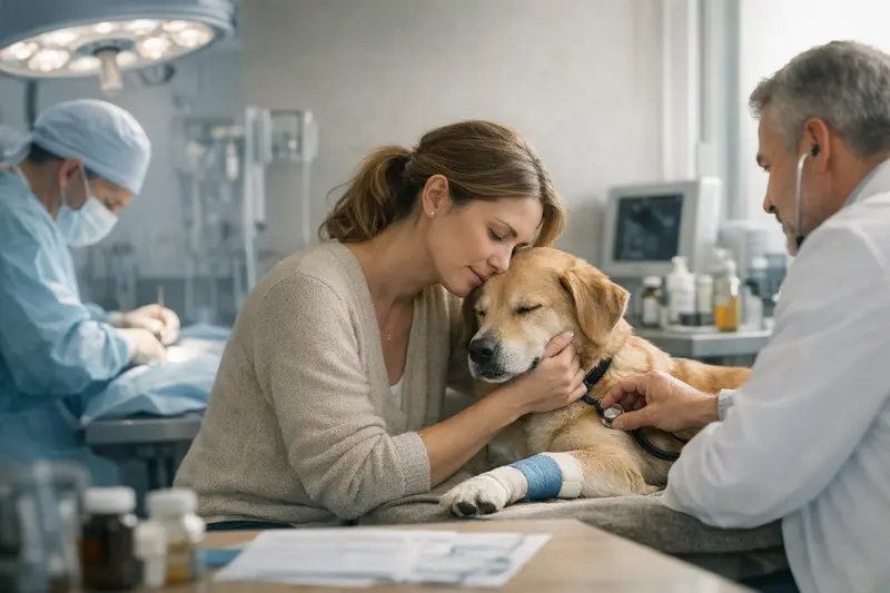 Tierarzt bespricht mit Hundebesitzer die Gesundheitsabsicherung für Hunde.