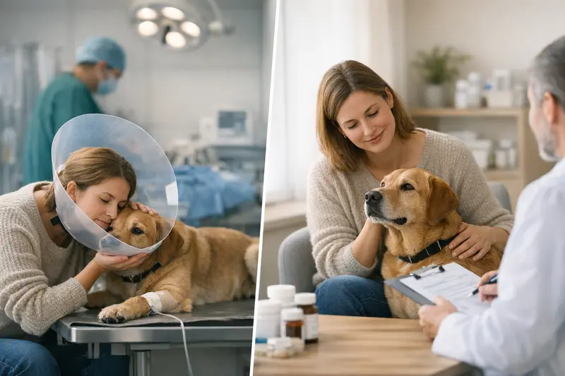 Eine Hundebesitzerin diskutiert mit einem Tierarzt über Hundekrankenversicherung und OP-Versicherung.