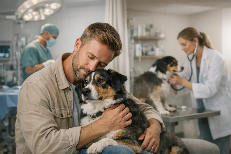 Ein Hund erhält eine medizinische Untersuchung bei einem Tierarzt, um die Unterschiede zwischen OP-Versicherungen und Hundekrankenversicherungen zu verstehen.
