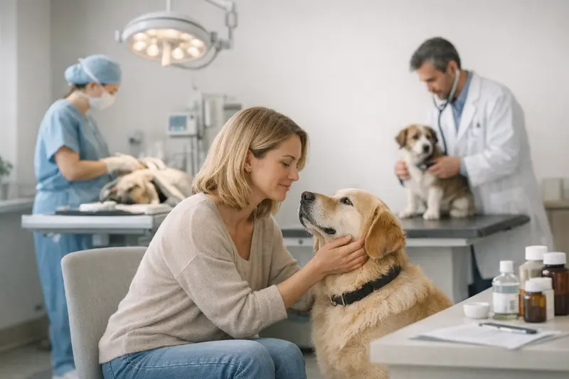 Hundehalter untersucht die OP- und Krankenversicherungsbedingungen für seinen Hund auf einem Tablet.