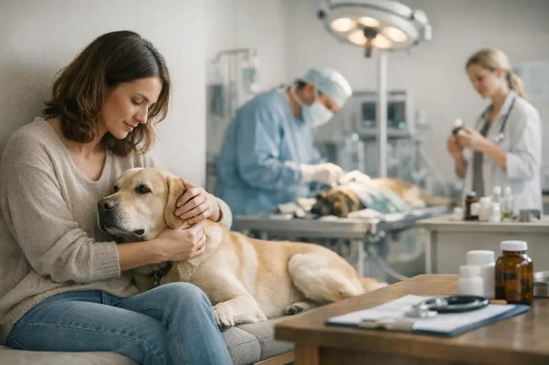 Ein Hund beim Tierarzt, der eine medizinische Untersuchung erhält und die Unterschiede zwischen OP-Versicherung und Hundekrankenversicherung erklärt werden.