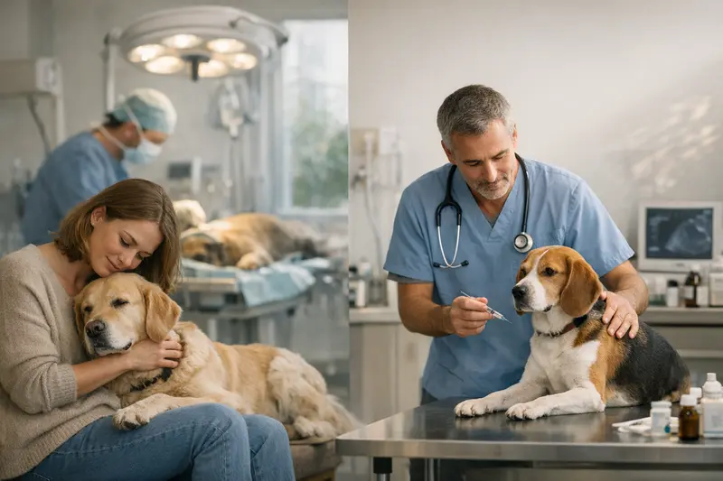 Hundehalter diskutiert den Unterschied zwischen OP-Versicherung und Krankenversicherung für Hunde mit Tierarzt
