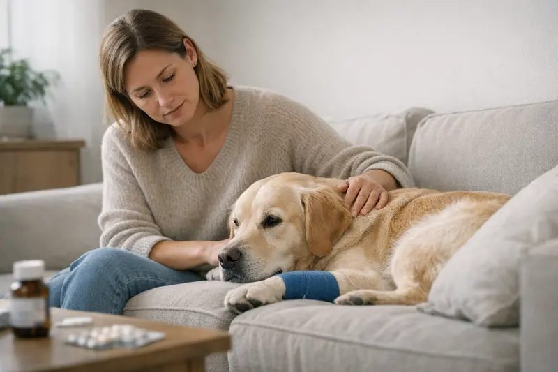 Ein Hundebesitzer spricht mit einem Tierarzt über die Vorerkrankungen seines Hundes.