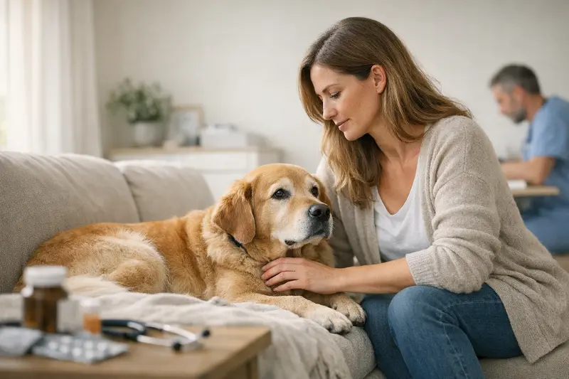 Tierarztbesuch bei Vorerkrankungen von Hunden Hund mit Tierarzt, der eine Untersuchung wegen Vorerkrankungen durchführt.