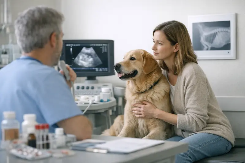 Abbildung einer Hundebesitzerin, die ihrem Tierarzt Fragen zur Krankenversicherung stellt.