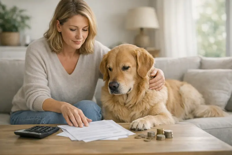 Hundekrankenversicherung und Selbstbeteiligung Ein Hund beim Tierarzt, der eine Behandlung erhält, und eine Diskussion über Kosten und Selbstbeteiligungführt.