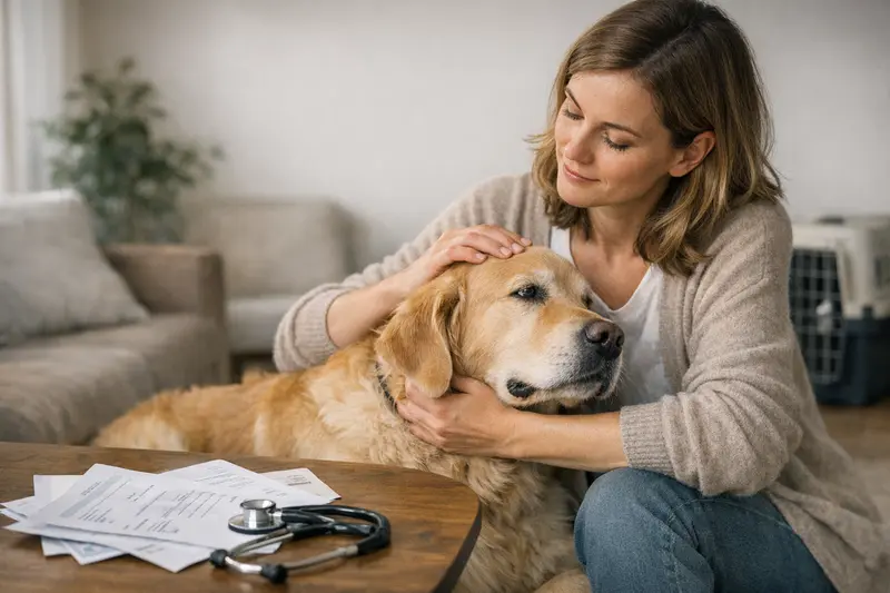 Selbstbeteiligung in der Hundekrankenversicherung Ein Hund sitzt beim Tierarzt und wartet auf die Behandlung, während das Thema Selbstbeteiligung in der Hundekrankenversicherung diskutiert wird.