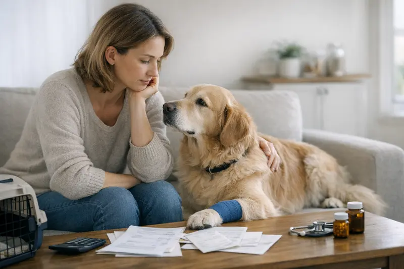 Hund beim Tierarzt, der die Kosten der Behandlung erläutert