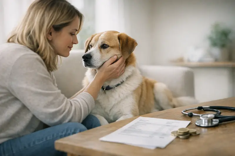 Selbstbeteiligung in der Hundekrankenversicherung Ein Hund liegt entspannt beim Tierarzt, während die Selbstbeteiligung der Krankenversicherung diskutiert wird.