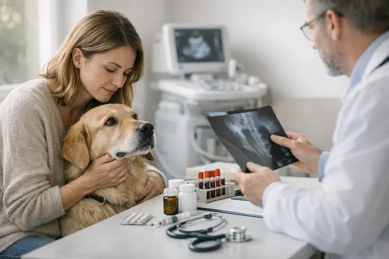 Ein glücklicher Hund beim Tierarzt, bereit für eine Untersuchung zur Krankenversicherung.