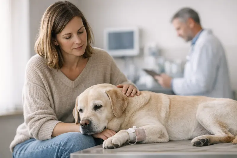 Tierarzt bespricht mit Hundehaltern die Optionen für eine Hundekrankenversicherung, insbesondere bezüglich Vorerkrankungen.