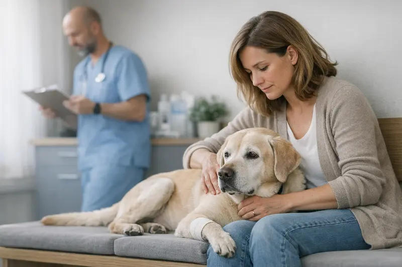 Hund beim Tierarzt mit Fokus auf Vorerkrankungen Ein Hund untersucht beim Tierarzt, um herauszufinden, ob Vorerkrankungen mitversichert werden.