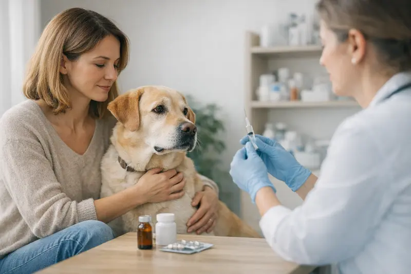 Ein Hund wird vom Tierarzt während einer Vorsorgeuntersuchung geimpft.