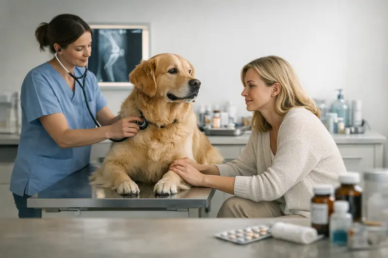 Hundekrankenversicherung Tarifvergleich Ein Hund mit Tierarzt, der eine gesunde Versicherungslösung für Tierarztkosten erörtert.