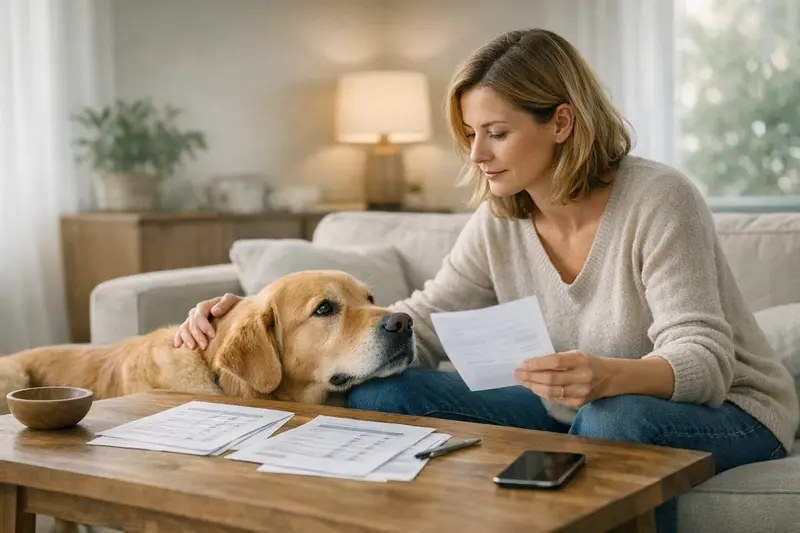 Ein Hundebesitzer vergleicht Tarife für eine Hundekrankenversicherung am Laptop.