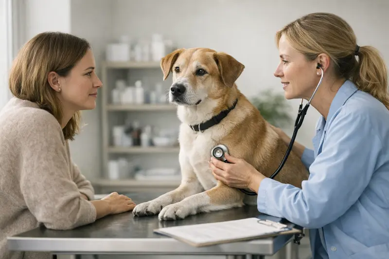 Tierarztuntersuchung bei Vorerkrankungen Arzt untersucht einen Hund mit einer bekannten Vorerkrankung in einer Tierarztpraxis.