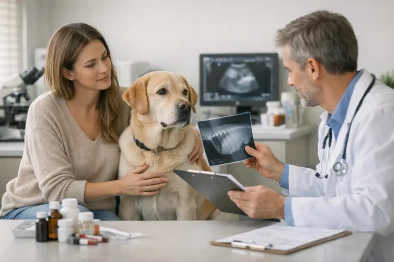 Wichtigkeit von Diagnostik in der Hundekrankenversicherung Tierarzt untersucht einen Hund, um Diagnostik für eine Hundekrankenversicherung zu ermitteln.
