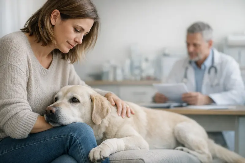 Hundekrankenversicherung und Vorerkrankungen Hund beim Tierarzt, der auf Vorerkrankungen prüfen lässt.