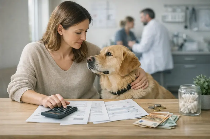 Eine Hundebesitzerin bespricht mit einem Tierarzt die Kosten und Erstattungsmodalitäten einer Hundekrankenversicherung.