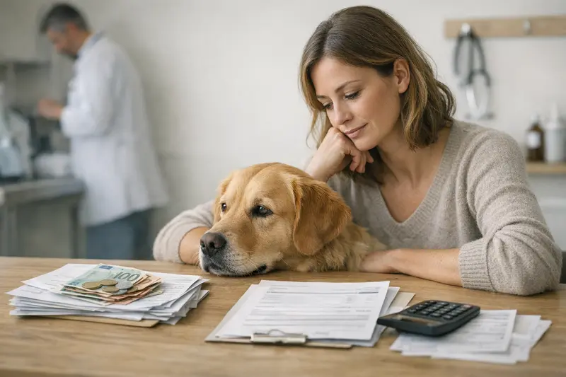 Ein Hundebesitzer bespricht die Selbstbeteiligung und den Erstattungssatz mit einem Tierarzt.