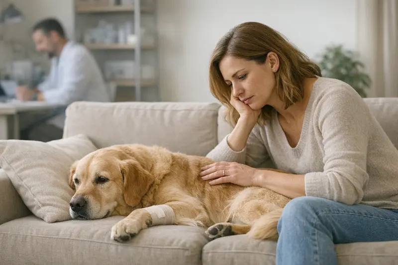Hund in der Tierarztpraxis Ein Hund in der Tierarztpraxis, während der Besitzer Gesundheitsfragen zur Versicherung beantwortet.