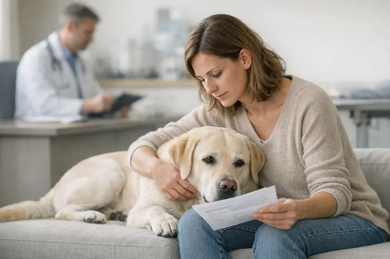 Tierarztbesuch und bestehende Symptome Hundebesitzer bespricht tierärztliche Behandlung im Zusammenhang mit bestehenden Symptomen