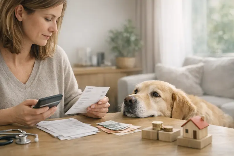 Ein Hund beim Tierarzt und die Selbstbeteiligung Ein Hund bei einem Tierarzt, während die Selbstbeteiligung der Krankenversicherung erklärt wird.