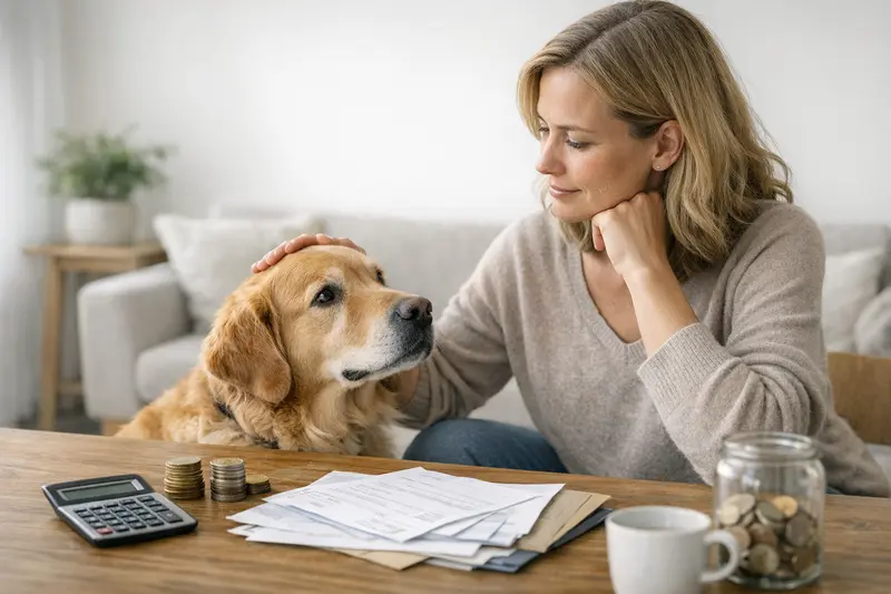 Eine Hundebesitzerin mit ihrem Tierarzt bespricht die Kosten und Selbstbeteiligung einer Hundekrankenversicherung.