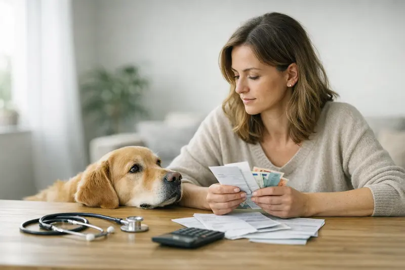 Hund mit einem Tierarzt, der eine Rechnung erklärt und den Tarifvergleich zur Selbstbeteiligung erläutert.