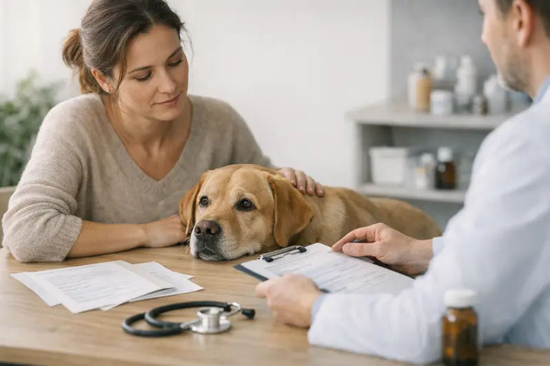 Hundehalter vergleicht verschiedene Hundekrankenversicherungen auf einem Laptop.