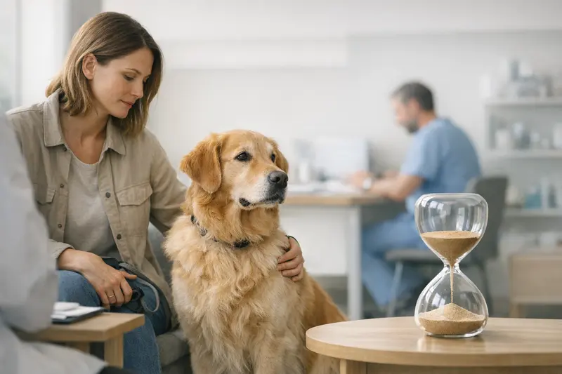 Wartezeiten in der Hundekrankenversicherung Ein Hundebesitzer bespricht mit einem Tierarzt die Wartezeiten der Hundekrankenversicherung und deren Bedeutung.