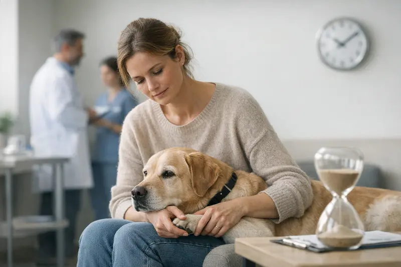 Wartezeiten in der Hundekrankenversicherung Hund beim Tierarzt, während er auf die Untersuchung wartet, was die Bedeutung von Wartezeiten in der Hundekrankenversicherung verdeutlicht.