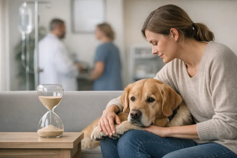 Wartezeiten bei Hundekrankenversicherungen Ein Hundebesitzer überprüft die Wartezeiten seiner Hundekrankenversicherung.