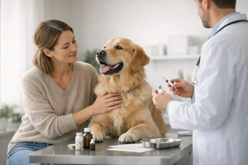 Ein Hund auf der Tierarztliege während einer Vorsorgeuntersuchung für die Hundekrankenversicherung.