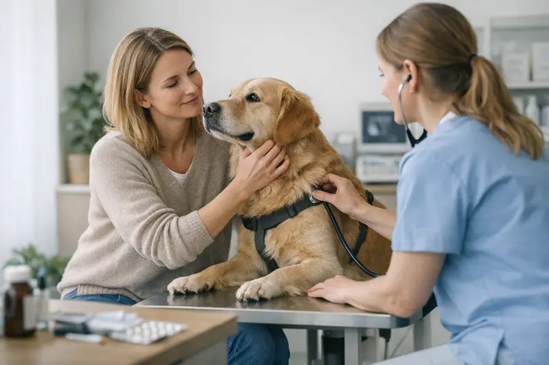 Ein gesunder Hund beim Tierarzt, der eine Vorsorgeuntersuchung erhält.