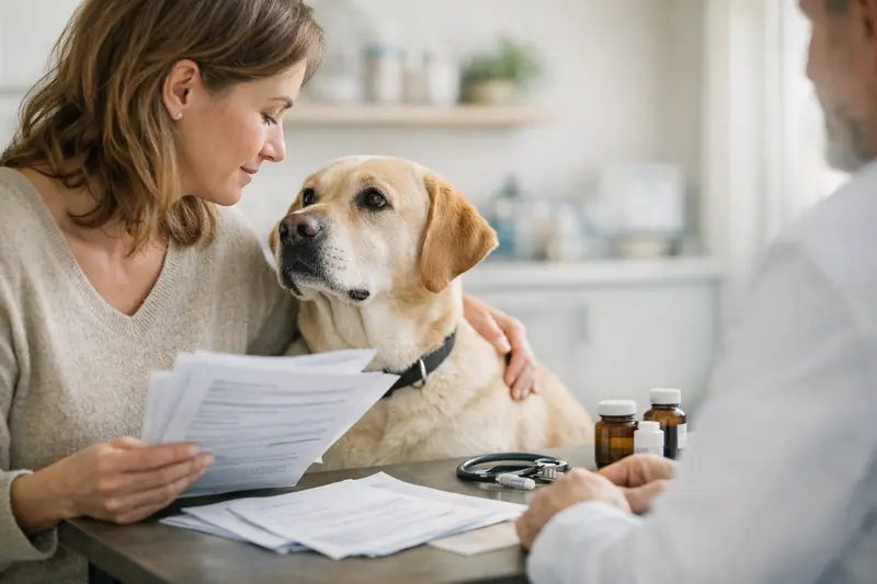 Ein Hund sitzt beim Tierarzt und wartet auf eine Untersuchung, während der Halter über Krankenversicherungsmöglichkeiten nachdenkt.