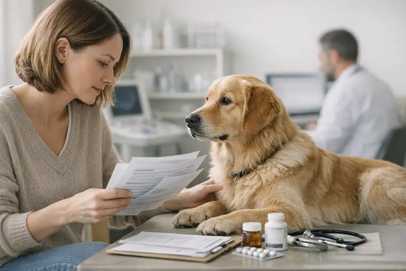 Hund beim Tierarzt mit Kostendiskussion Ein Hund beim Tierarzt, der verschiedene Behandlungskosten bespricht.